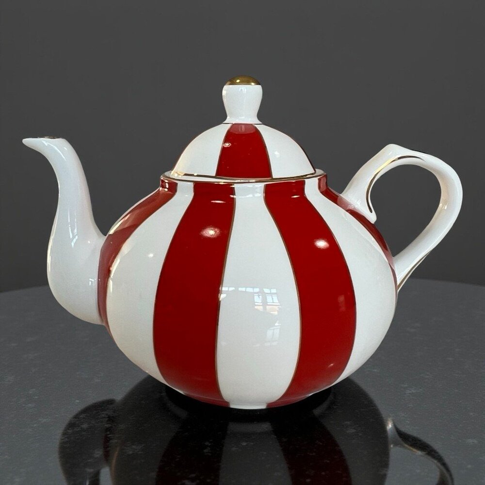Bella Lux Holiday Collection Red White and Gold Teapot Striped